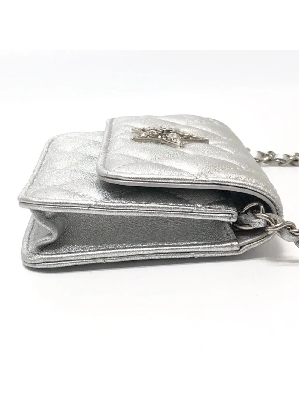 Chanel Shoulder Bag Star Rhinestone Leather Silver